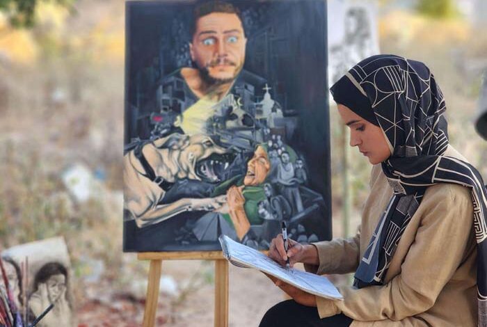 صورة تراجيديا تشكيلية تجسدها إلهام الأسطل وسط عذابات غزة